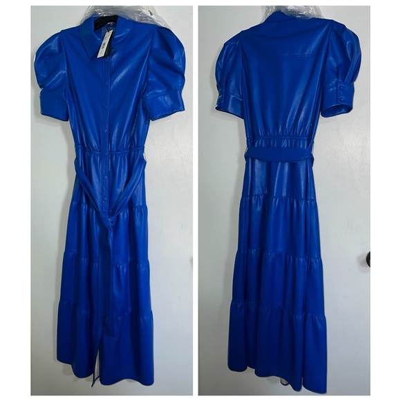 Alice + Olivia Miranda Sapphire Blue Vegan Leather Button Front Tiered Dress - Picture 8 of 16